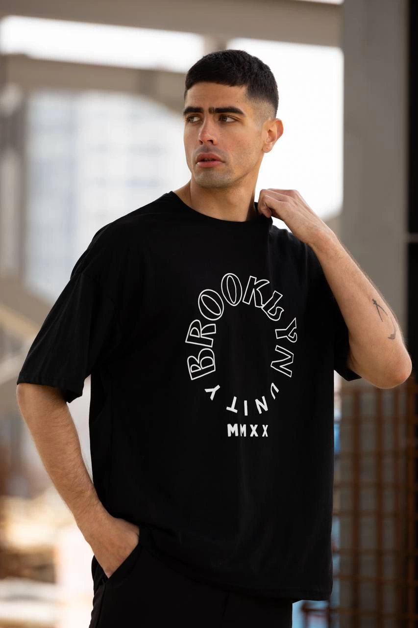 Bisiklet Yaka Baskılı Oversize T-Shirt - Siyah -