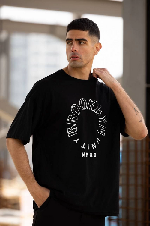 Bisiklet Yaka Baskılı Oversize T-Shirt - Siyah -