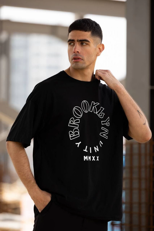 Bisiklet Yaka Baskılı Oversize T-Shirt - Siyah -