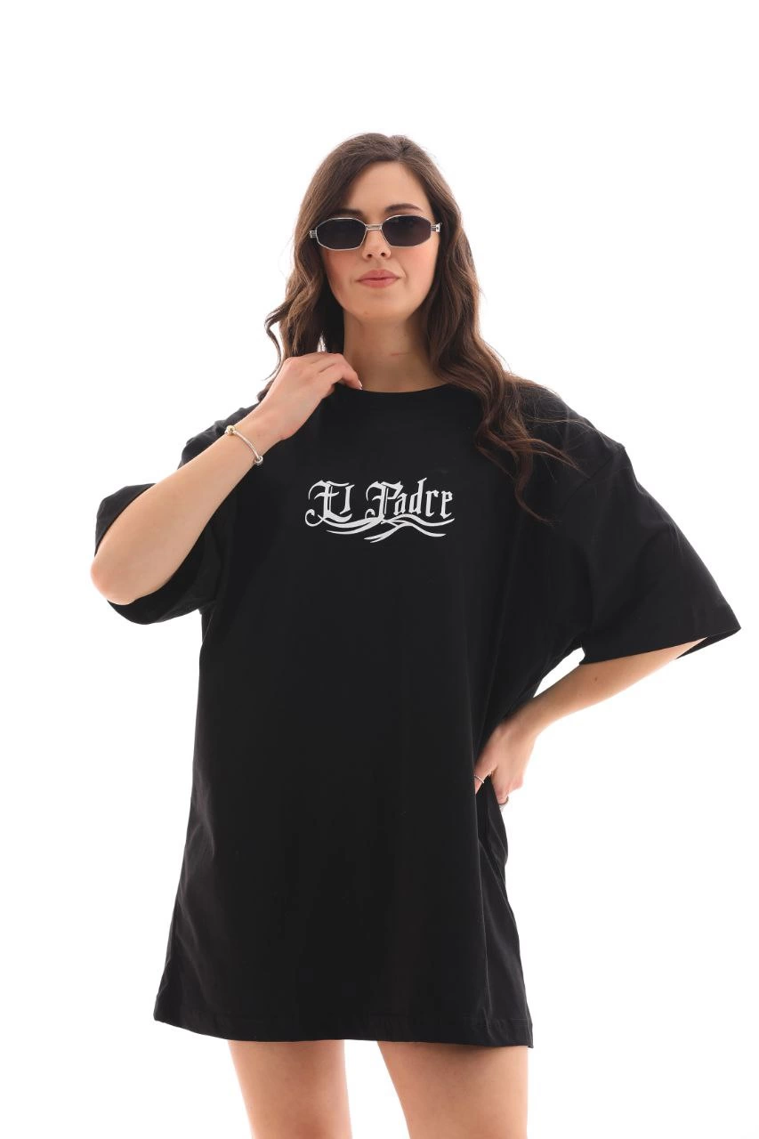 Bisiklet Yaka Baskılı Oversize T-Shirt - Siyah -