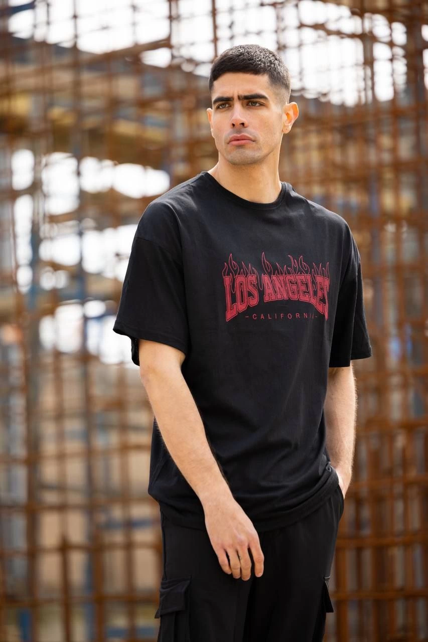 Bisiklet Yaka Baskılı Oversize T-Shirt - Siyah -