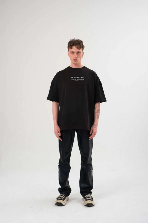 Bisiklet Yaka Baskılı Oversize T-Shirt - Siyah -