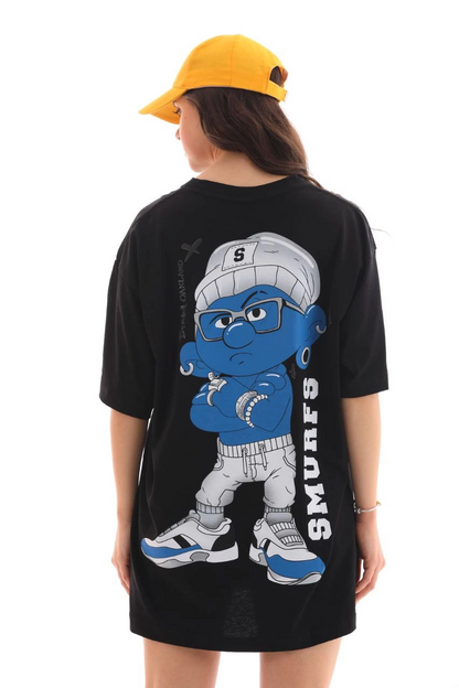 Bisiklet Yaka Baskılı Oversize T-Shirt - Siyah -