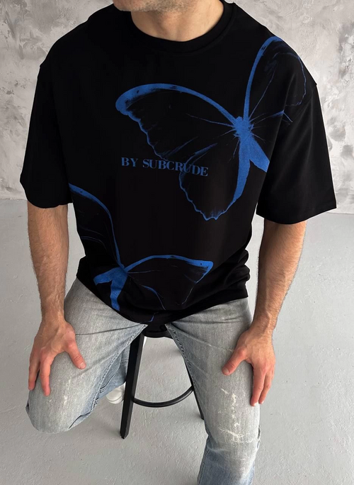 Bisiklet Yaka Baskılı Oversize T-Shirt - Siyah