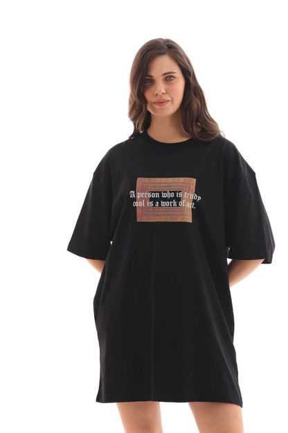Bisiklet Yaka Baskılı Oversize T-Shirt - Siyah -
