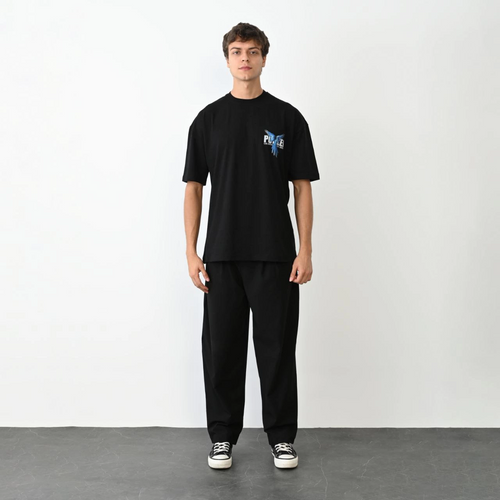 Bisiklet Yaka Baskılı Oversize T-Shirt - Siyah -