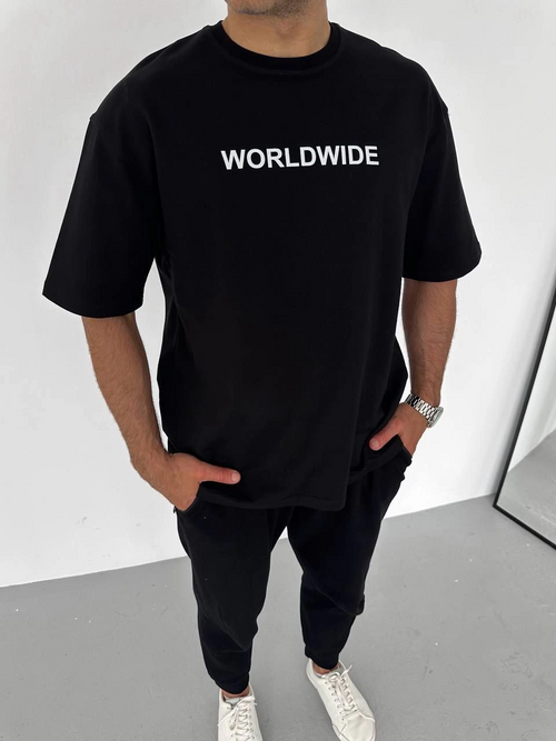 Bisiklet Yaka Baskılı Oversize T-Shirt - Siyah -