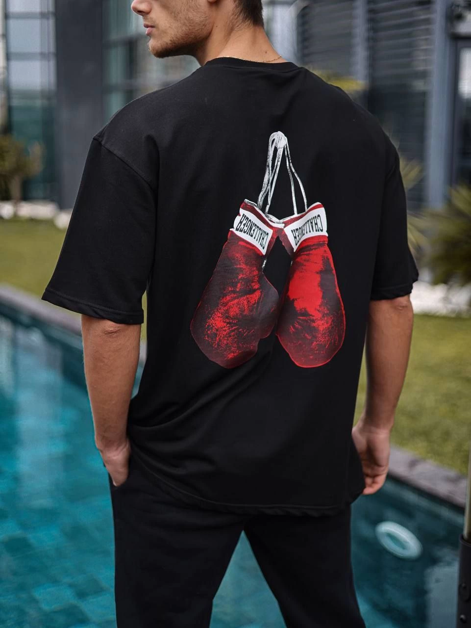 Bisiklet Yaka Baskılı Oversize T-Shirt - Siyah -