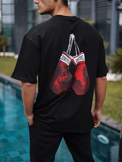 Bisiklet Yaka Baskılı Oversize T-Shirt - Siyah -