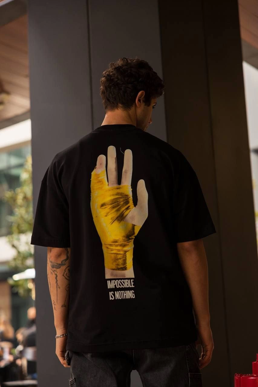 Bisiklet Yaka Baskılı Oversize T-Shirt - Siyah -