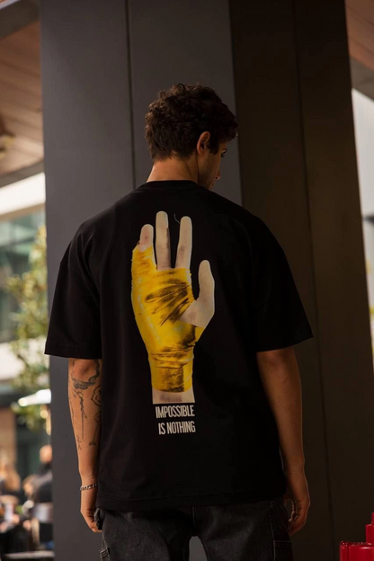 Bisiklet Yaka Baskılı Oversize T-Shirt - Siyah -
