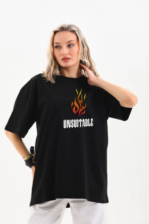 Bisiklet Yaka Baskılı Oversize T-Shirt - Siyah -