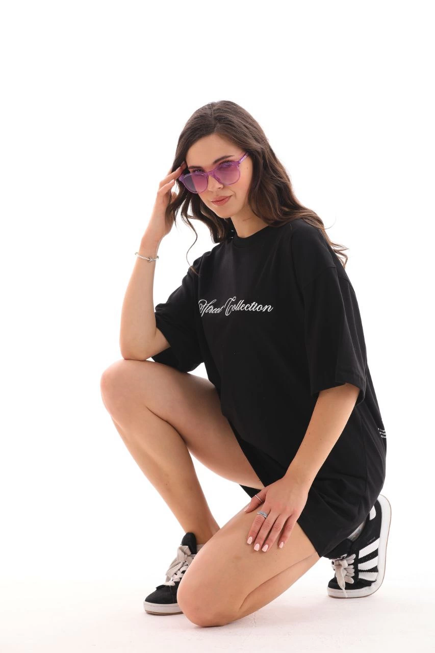 Bisiklet Yaka Baskılı Oversize T-Shirt - Siyah