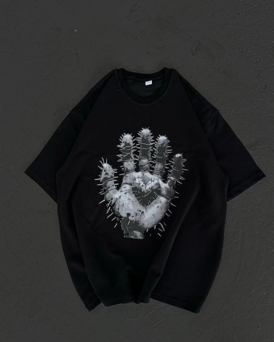 Bisiklet Yaka Baskılı Oversize T-Shirt - Siyah -