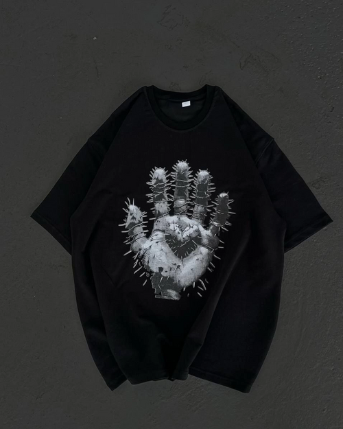 Bisiklet Yaka Baskılı Oversize T-Shirt - Siyah -