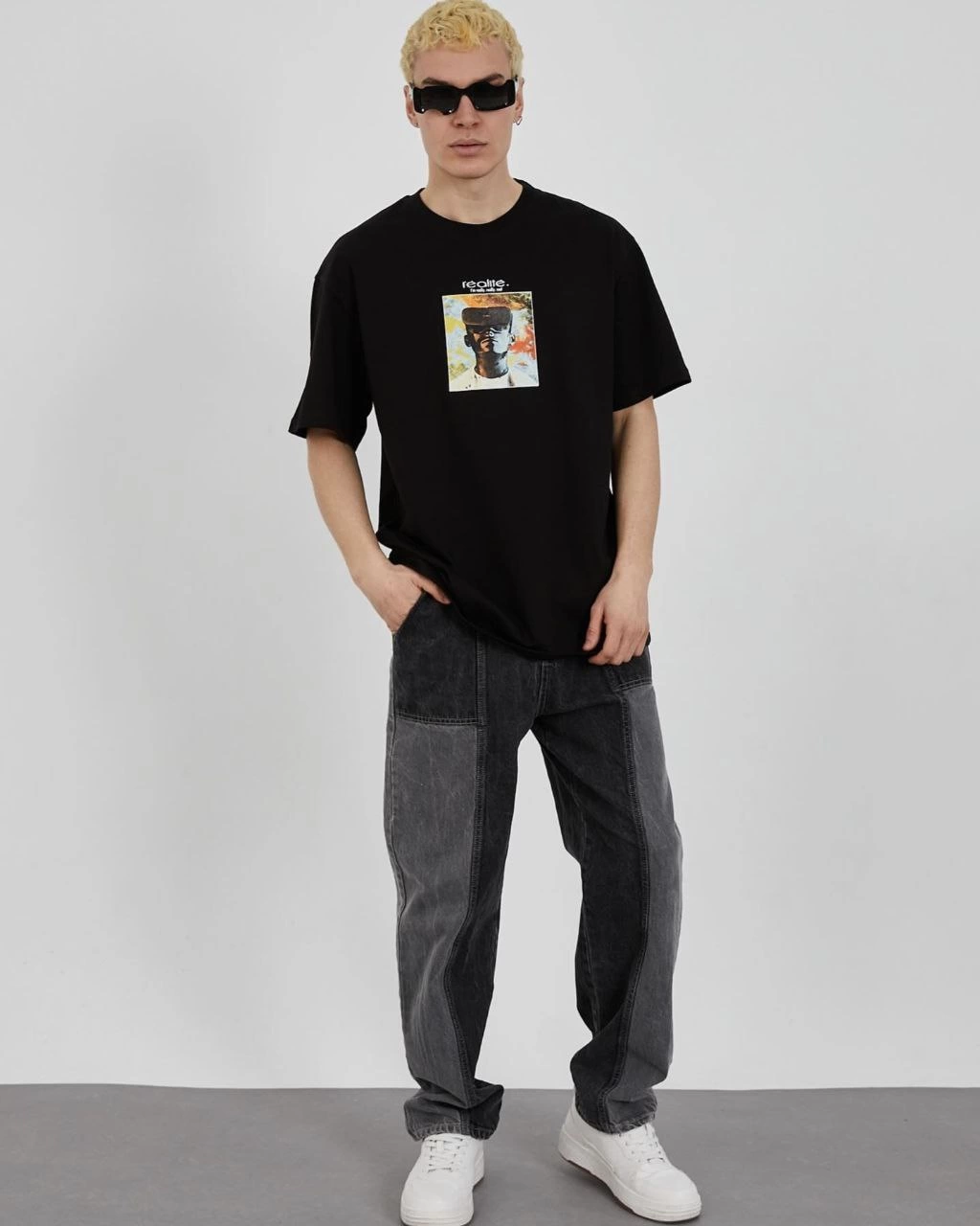 Bisiklet Yaka Baskılı Oversize T-Shirt - Siyah