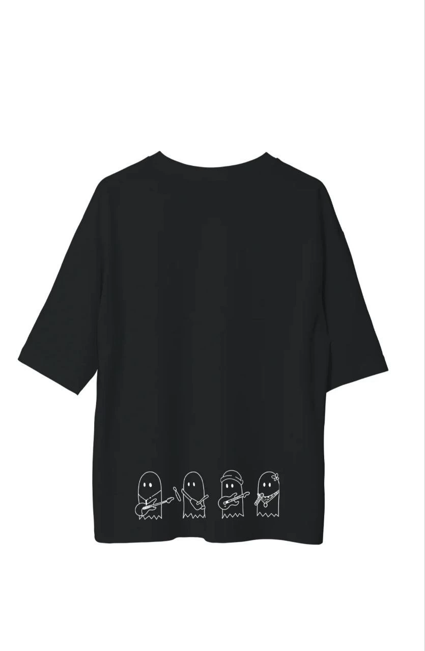 Bisiklet Yaka Baskılı Oversize T-Shirt - Siyah -