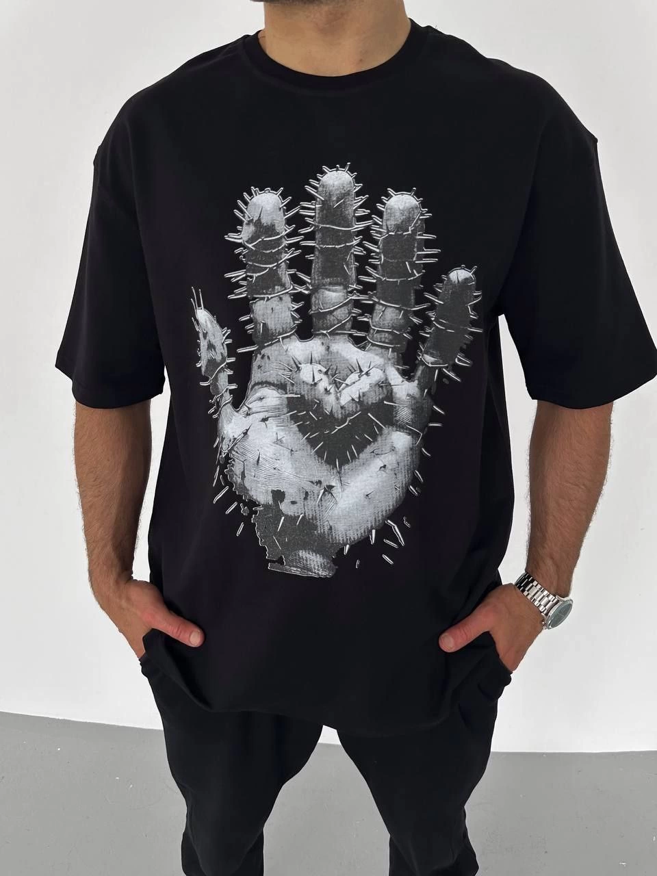 Bisiklet Yaka Baskılı Oversize T-Shirt - Siyah -
