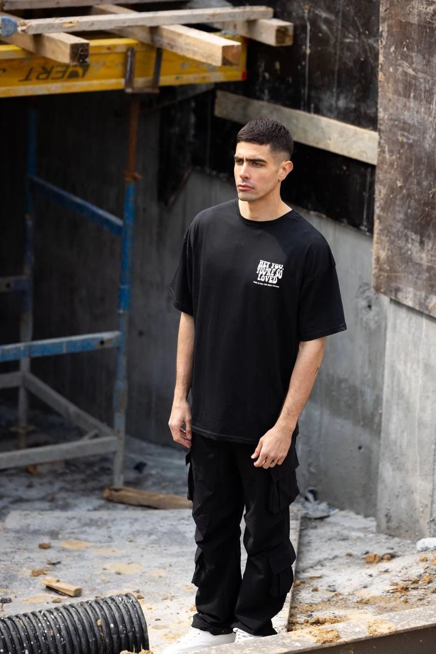 Bisiklet Yaka Baskılı Oversize T-Shirt - Siyah -