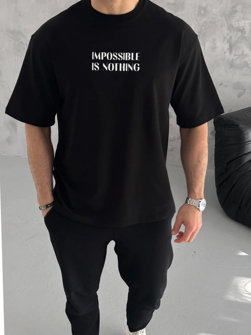 Bisiklet Yaka Baskılı Oversize T-Shirt - Siyah -