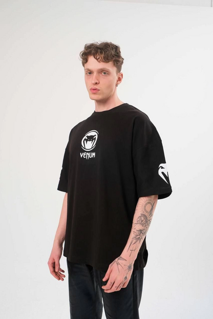 Bisiklet Yaka Baskılı Oversize T-Shirt - Siyah -
