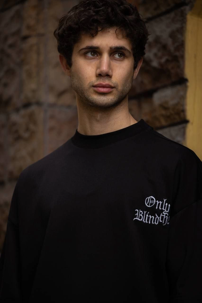 Bisiklet Yaka Baskılı Oversize T-Shirt - Siyah