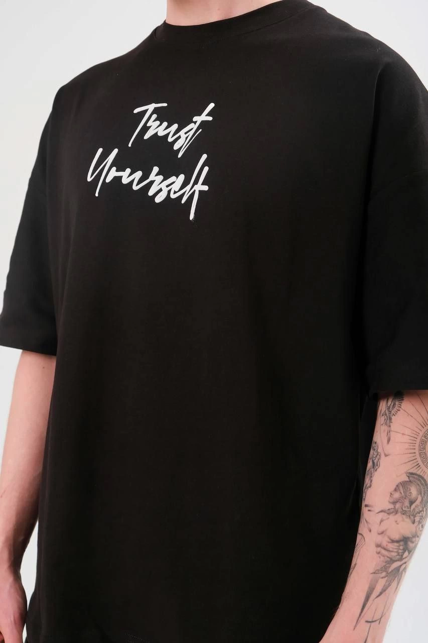 Bisiklet Yaka Baskılı Oversize T-Shirt - Siyah -