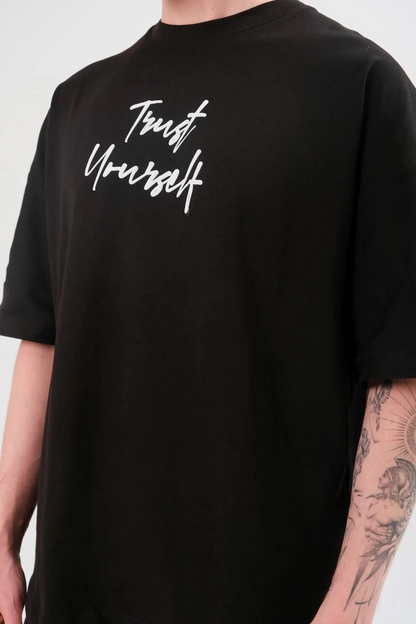 Bisiklet Yaka Baskılı Oversize T-Shirt - Siyah -