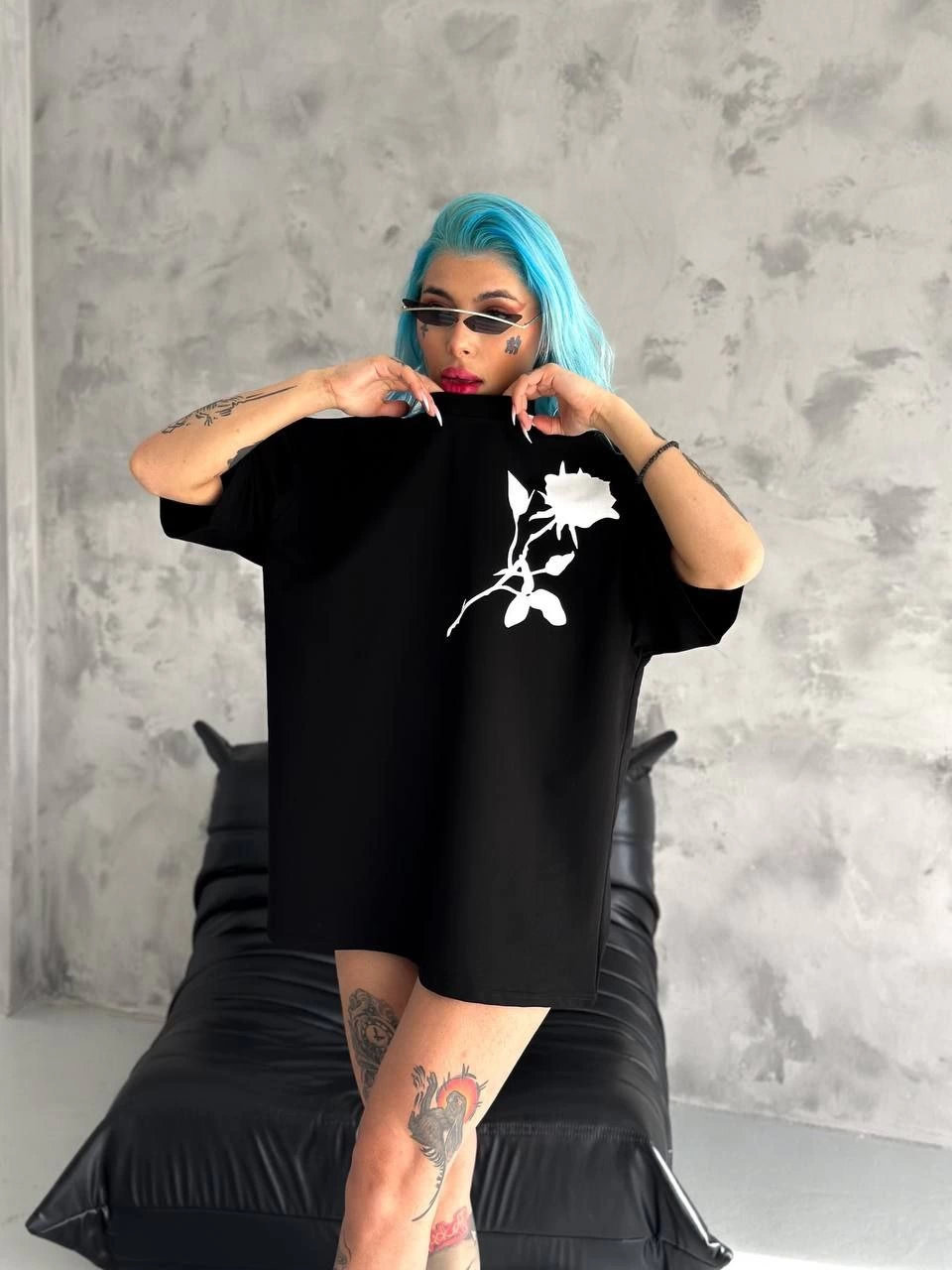 Bisiklet Yaka Baskılı Oversize T-Shirt - Siyah -