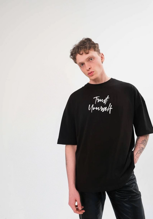 Bisiklet Yaka Baskılı Oversize T-Shirt - Siyah -