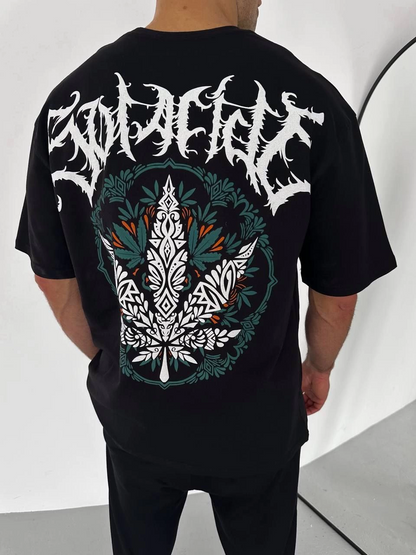Bisiklet Yaka Baskılı Oversize T-Shirt - Siyah -