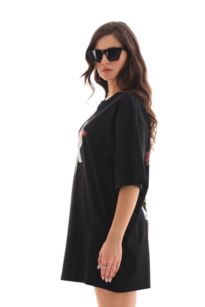 Bisiklet Yaka Baskılı Oversize T-Shirt - Siyah -