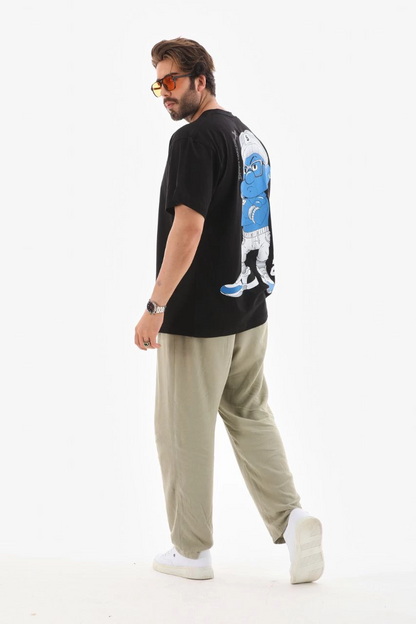 Bisiklet Yaka Baskılı Oversize T-Shirt - Siyah -