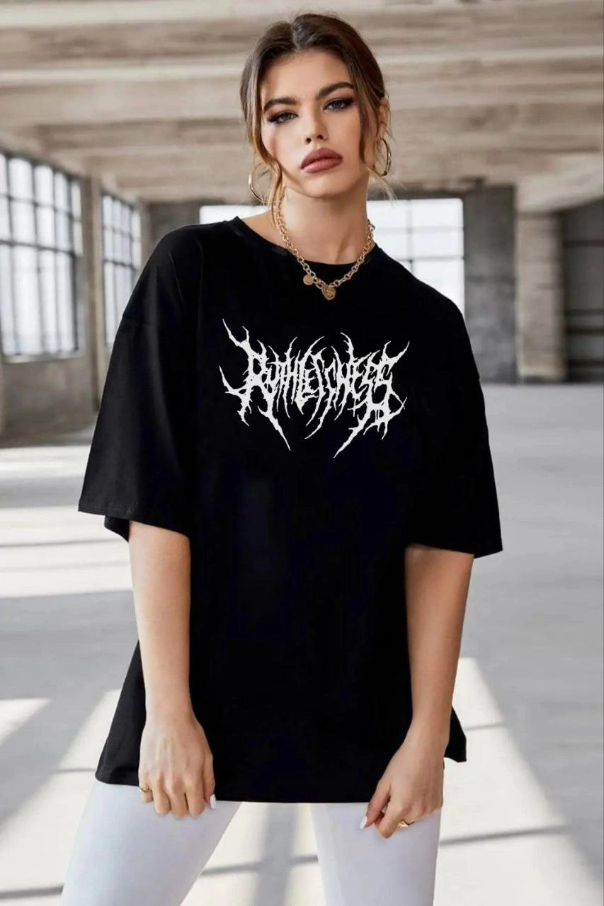 Bisiklet Yaka Baskılı Oversize T-Shirt - Siyah -