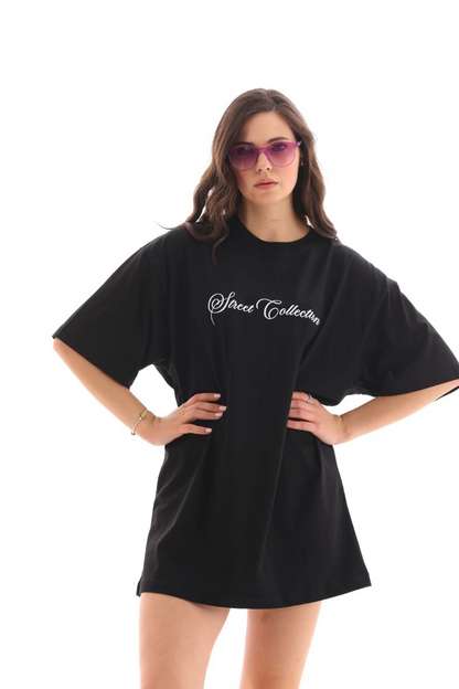 Bisiklet Yaka Baskılı Oversize T-Shirt - Siyah