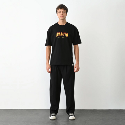 Bisiklet Yaka Baskılı Oversize T-Shirt - Siyah -