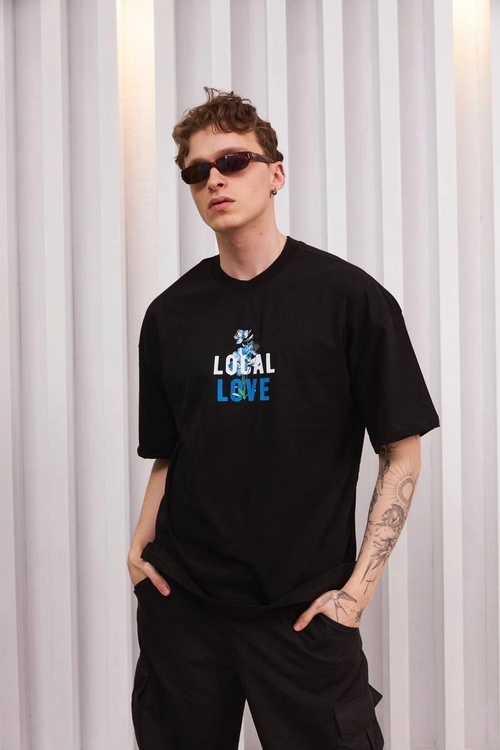 Bisiklet Yaka Baskılı Oversize T-Shirt - Siyah -