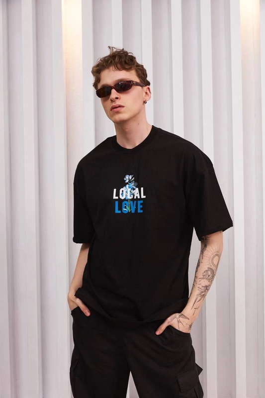 Bisiklet Yaka Baskılı Oversize T-Shirt - Siyah -