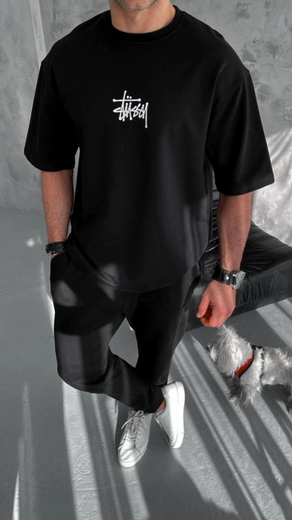Bisiklet Yaka Baskılı Oversize T-Shirt - Siyah -