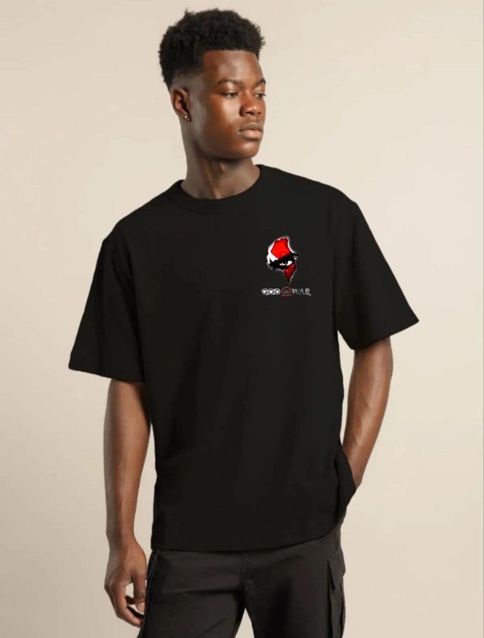 Bisiklet Yaka Baskılı Oversize T-Shirt - Siyah -