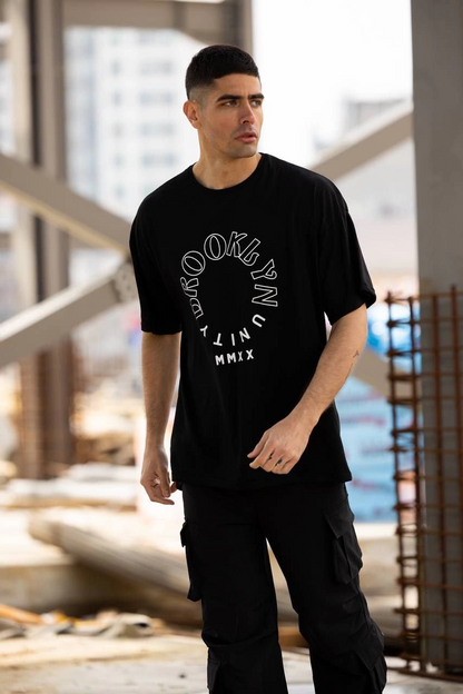Bisiklet Yaka Baskılı Oversize T-Shirt - Siyah -