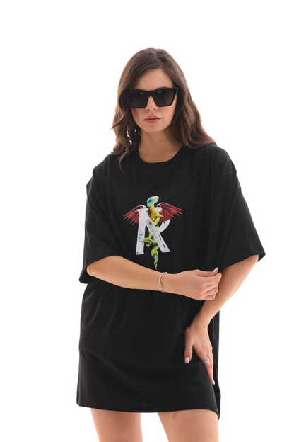 Bisiklet Yaka Baskılı Oversize T-Shirt - Siyah -