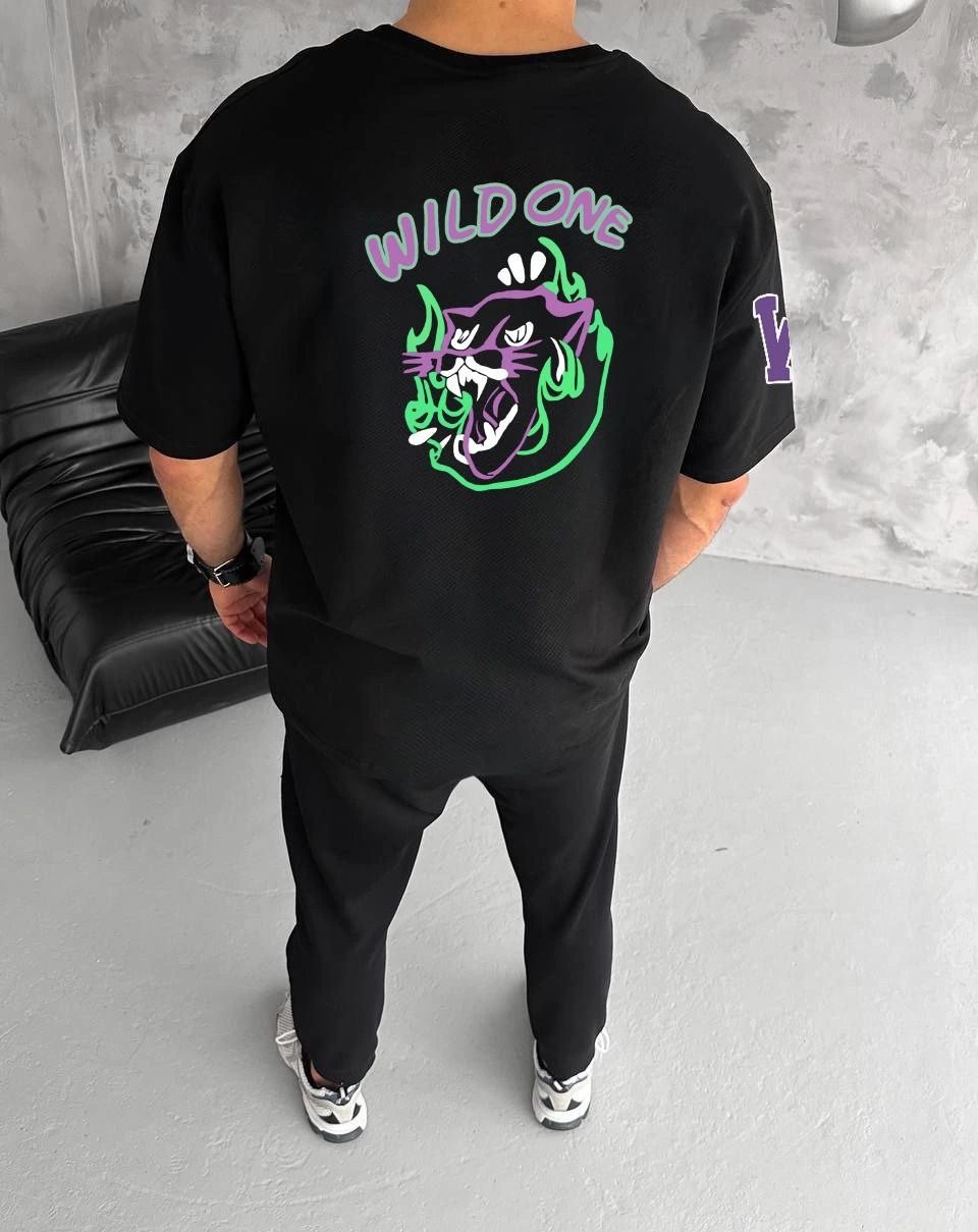 Bisiklet Yaka Baskılı Oversize T-Shirt - Siyah