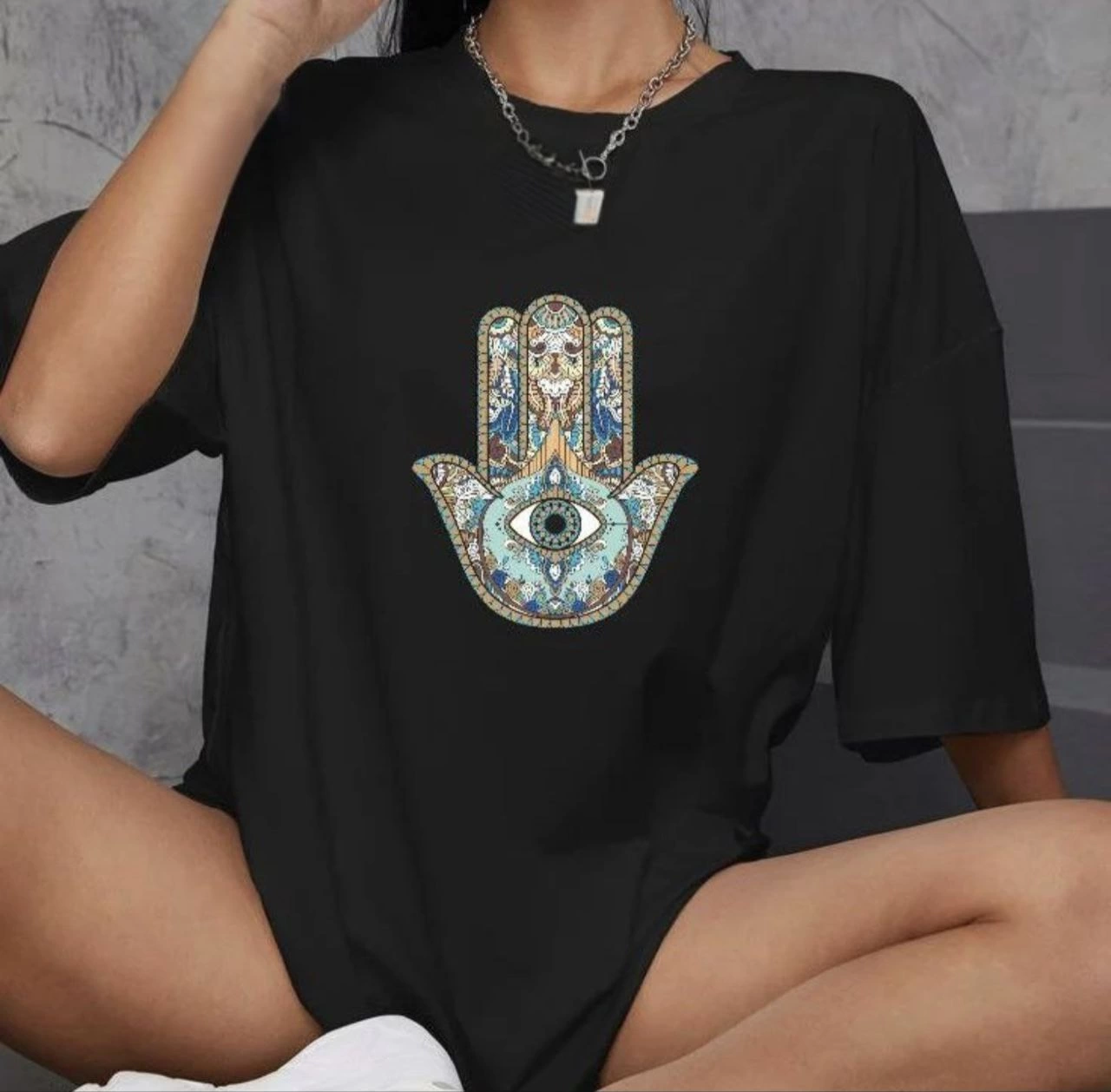 Bisiklet Yaka Baskılı Oversize T-Shirt - Siyah -