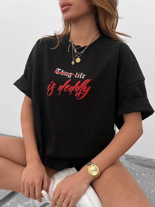 Bisiklet Yaka Baskılı Oversize T-Shirt - Siyah -