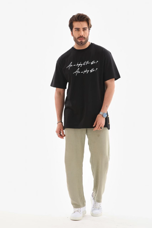 Bisiklet Yaka Baskılı Oversize T-Shirt - Siyah