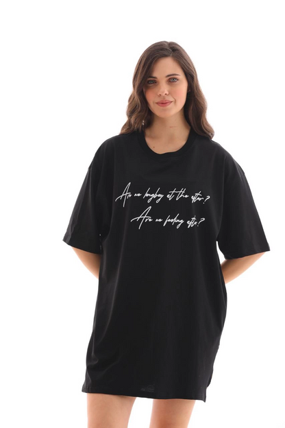 Bisiklet Yaka Baskılı Oversize T-Shirt - Siyah