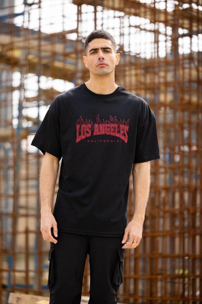 Bisiklet Yaka Baskılı Oversize T-Shirt - Siyah -
