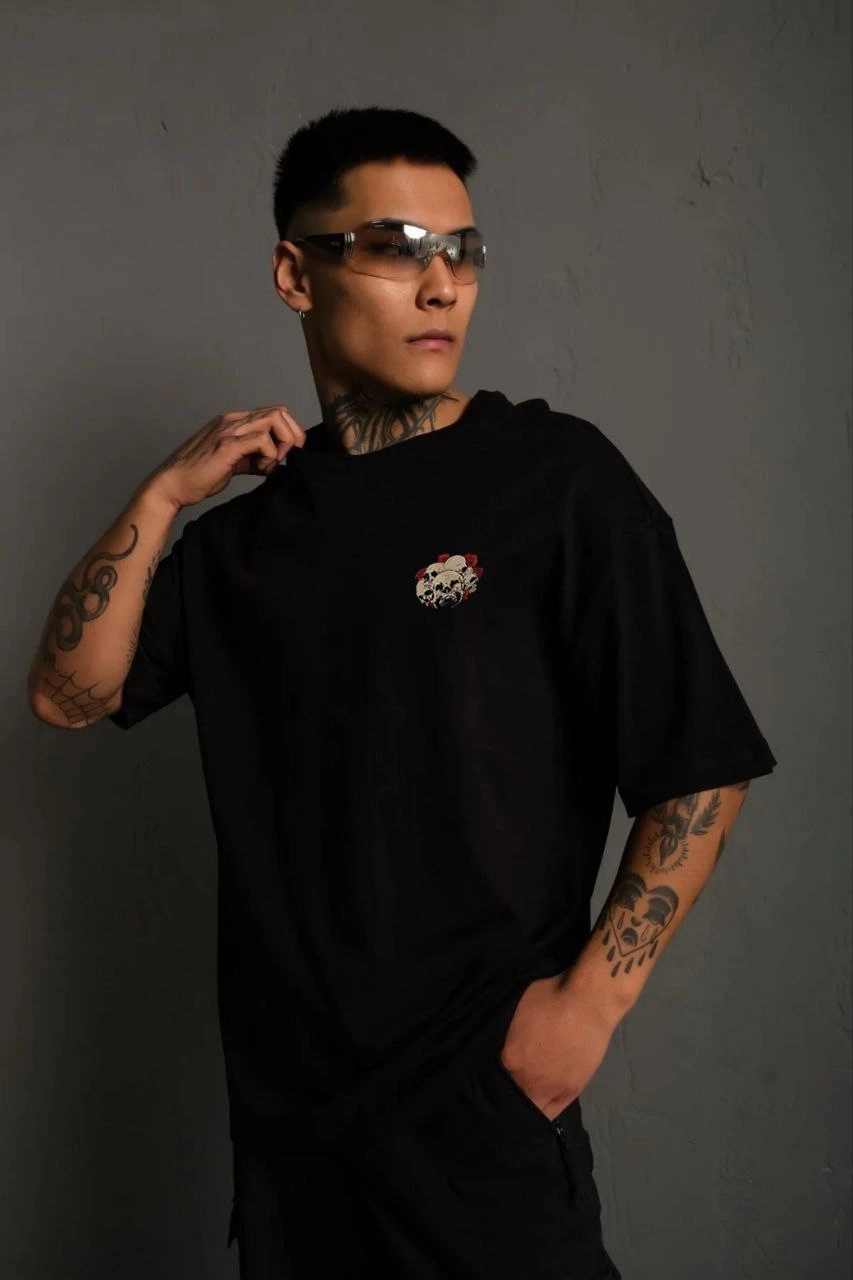Bisiklet Yaka Baskılı Oversize T-Shirt - Siyah -