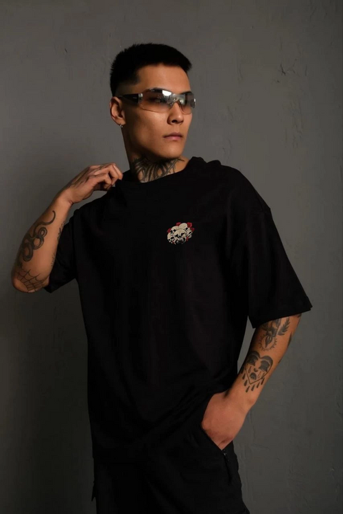 Bisiklet Yaka Baskılı Oversize T-Shirt - Siyah -